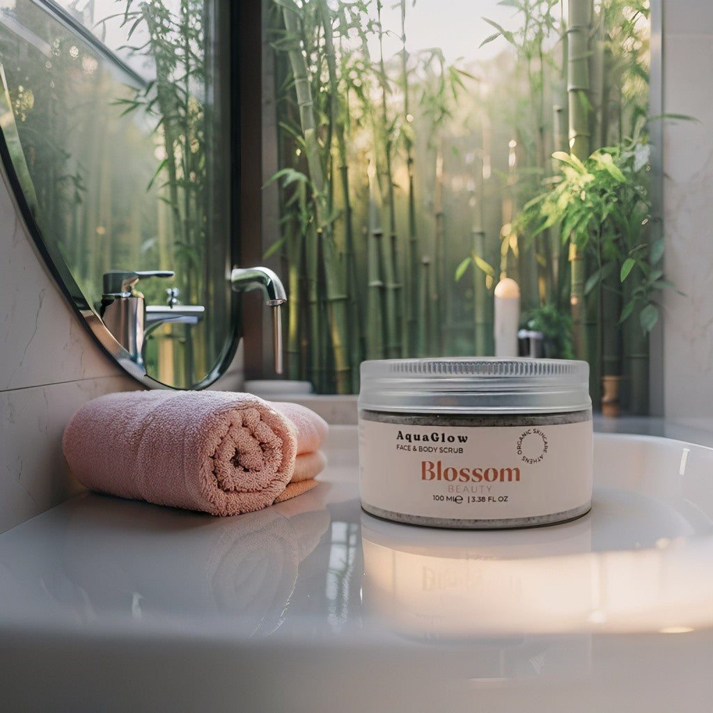 Natural face and body scrub AquaGlow with bamboo, volcanic ash, and almond oil