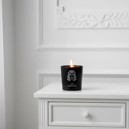 Audacious Scented Candle by The Greek Perfumer with sandalwood, black pepper and amber