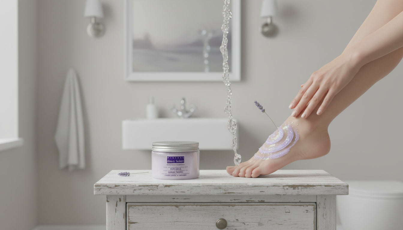 Body scrub with Dead Sea salts and lavender for exfoliation, hydration and smooth radiant skin