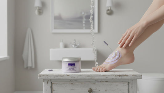 Body scrub with Dead Sea salts and lavender for exfoliation, hydration and smooth radiant skin