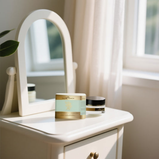 Olive Touch eye and lip moisturizing cream with organic olive oil, caffeine, and cucumber extract