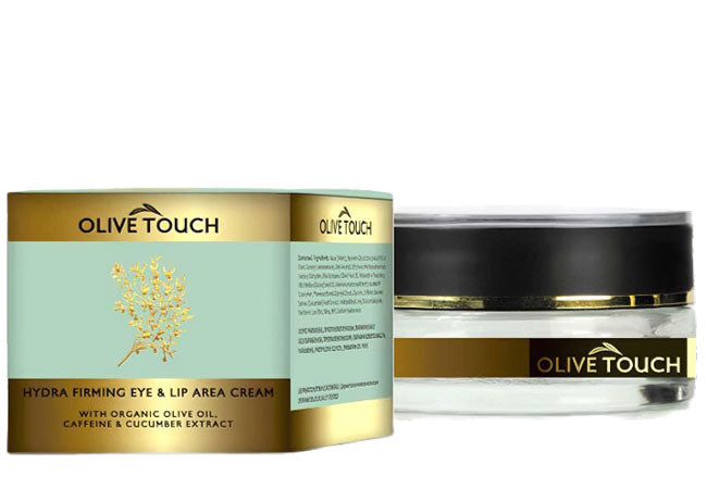 Olive Touch eye and lip moisturizing cream with organic olive oil, caffeine, and cucumber extract