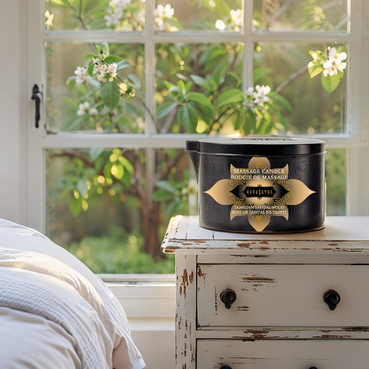 KamaSutra Ignite Tahitian Sandalwood massage candle with exotic sandalwood aroma