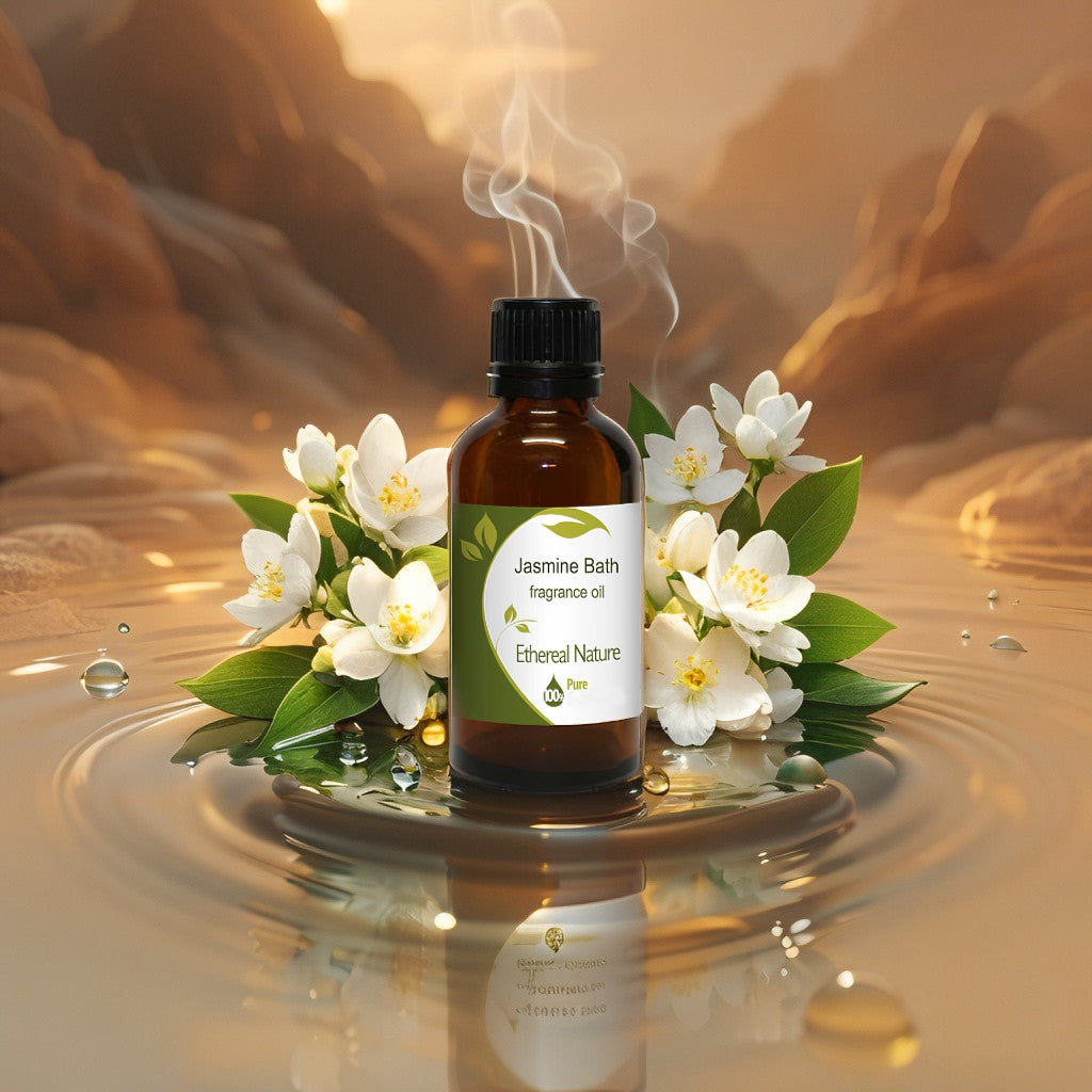 Jasmine Bath Fragrance Oil bottle – floral jasmine scent with fresh petals