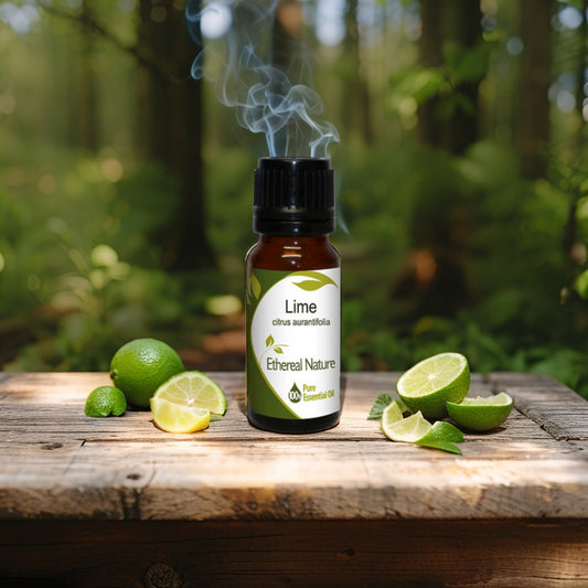 Pure lime essential oil in glass bottle next to fresh lime fruit