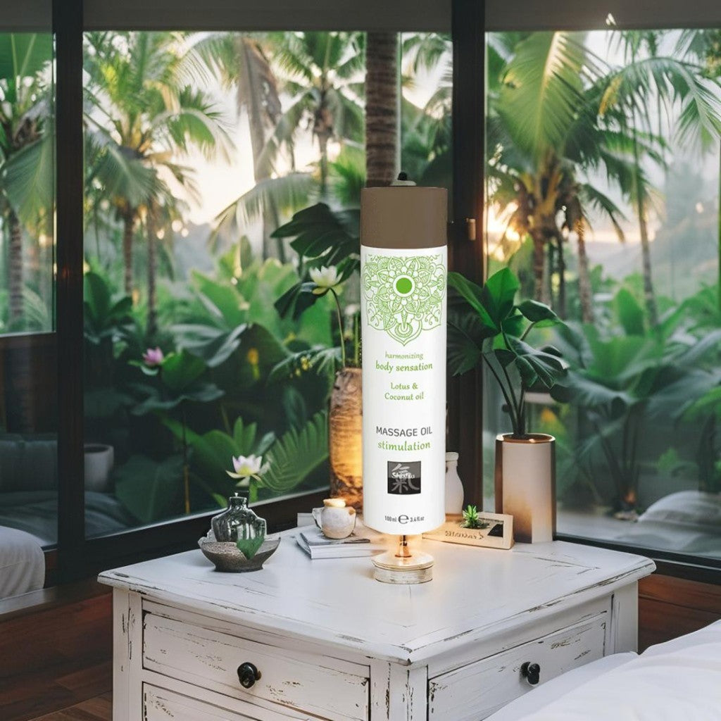 Stimulation Massage Oil με Λωτό & Καρύδα – Shiatsu | Ρομαντικό τελετουργικό Χαλάρωσης