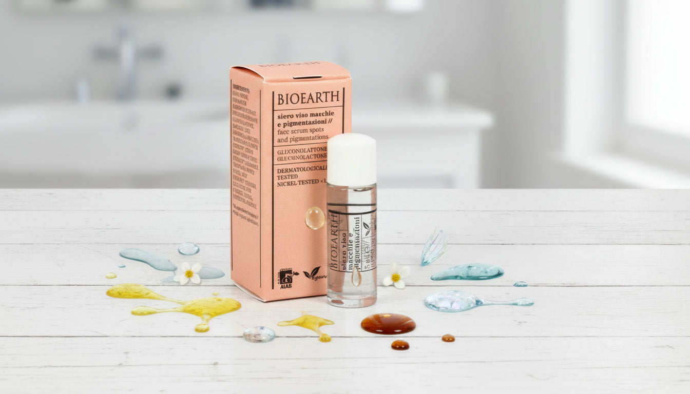 Bioearth brightening face serum with glycolic acid for dark spots and uneven skin tone