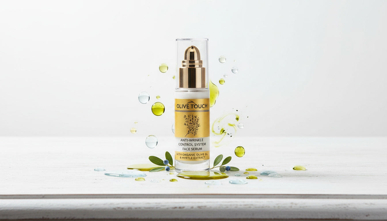 Olive Touch Anti-Wrinkle Control System Face Serum with organic olive oil, myrtle extract and hyaluronic acid
