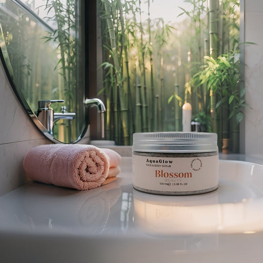 Natural face and body scrub AquaGlow with bamboo, volcanic ash, and almond oil