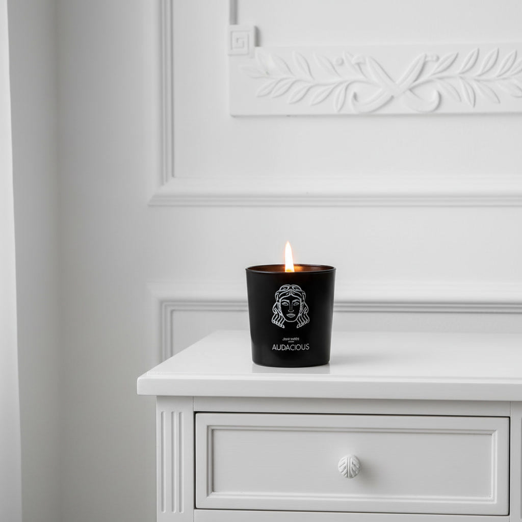 Audacious Scented Candle by The Greek Perfumer with sandalwood, black pepper and amber