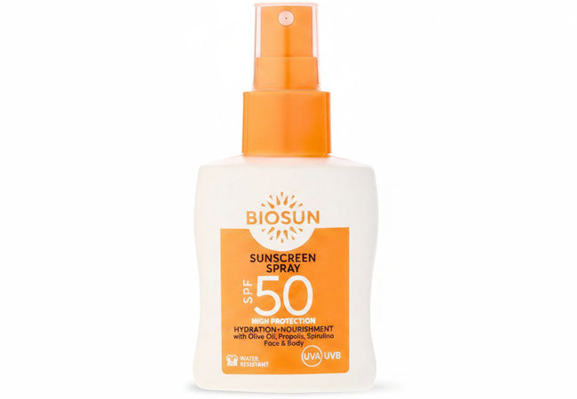 BioSun Sunscreen SPF50 Face and Body Spray with Hyaluronic Acid and Panthenol for broad-spectrum sun protection