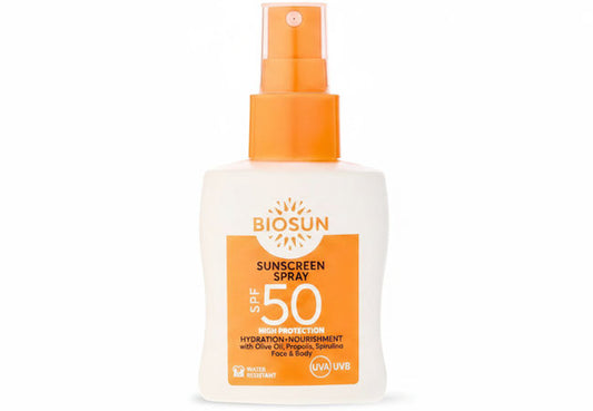 BioSun Sunscreen SPF50 Face and Body Spray with Hyaluronic Acid and Panthenol for broad-spectrum sun protection