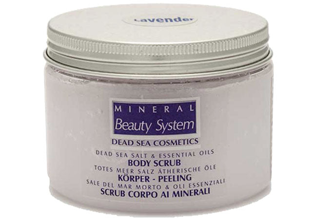 Body scrub with Dead Sea salts and lavender for exfoliation, hydration and smooth radiant skin