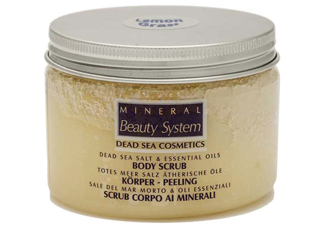 Body scrub with Dead Sea salts and lemongrass for exfoliation, hydration and smooth radiant skin