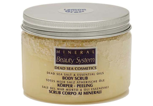 Body scrub with Dead Sea salts and lemongrass for exfoliation, hydration and smooth radiant skin