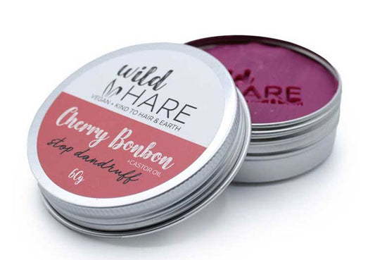 Cherry Bonbon Vegan Solid Shampoo bar with Castor Oil in recyclable metal tin for natural hair care
