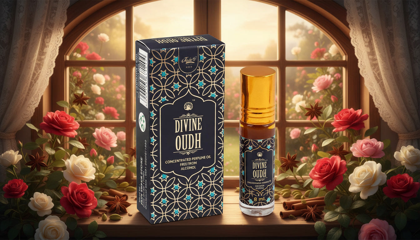 Divine Oudh perfume oil with oud and rose long lasting fragrance