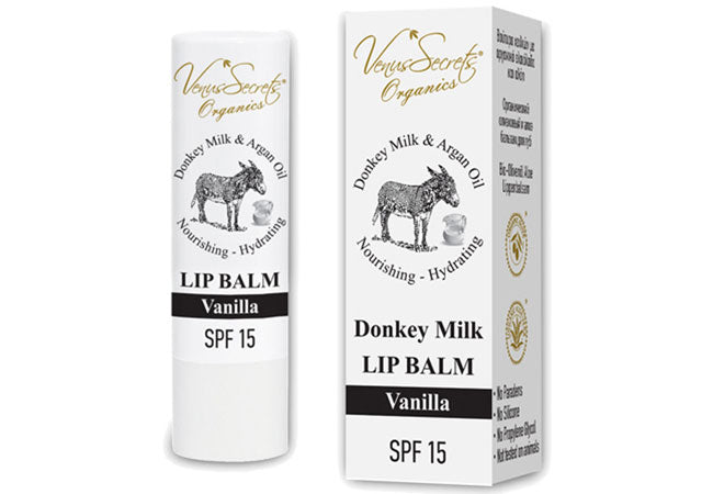 Donkey milk vanilla lip balm SPF15 natural lip care hydration