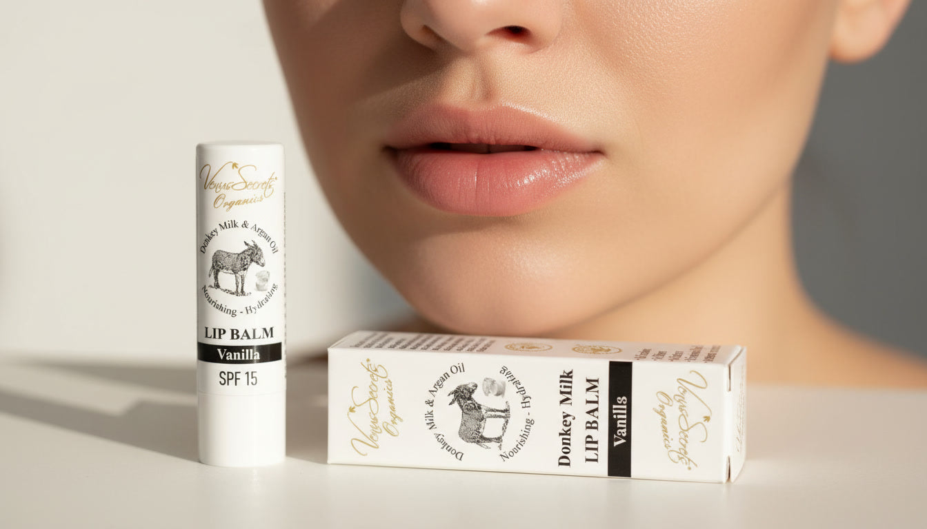Donkey milk vanilla lip balm SPF15 natural lip care hydration