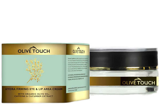 Olive Touch eye and lip moisturizing cream with organic olive oil, caffeine, and cucumber extract
