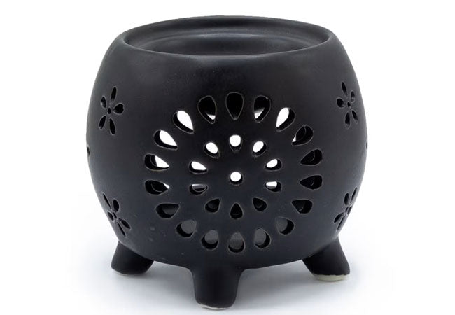 Flower Burst matte black ceramic oil burner for essential oils and wax melts