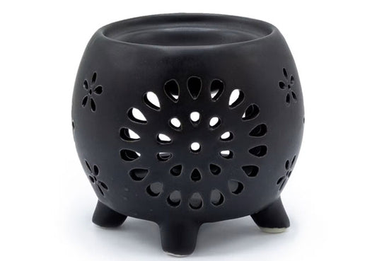 Flower Burst matte black ceramic oil burner for essential oils and wax melts