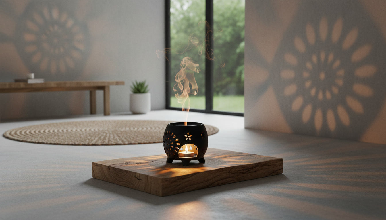 Flower Burst matte black ceramic oil burner for essential oils and wax melts