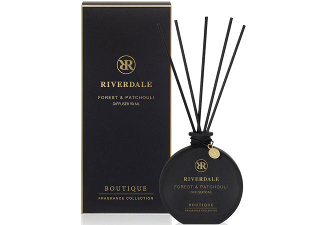 Forest and Patchouli luxury reed diffuser in black glass bottle with black fragrance sticks