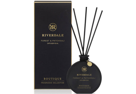Forest and Patchouli luxury reed diffuser in black glass bottle with black fragrance sticks