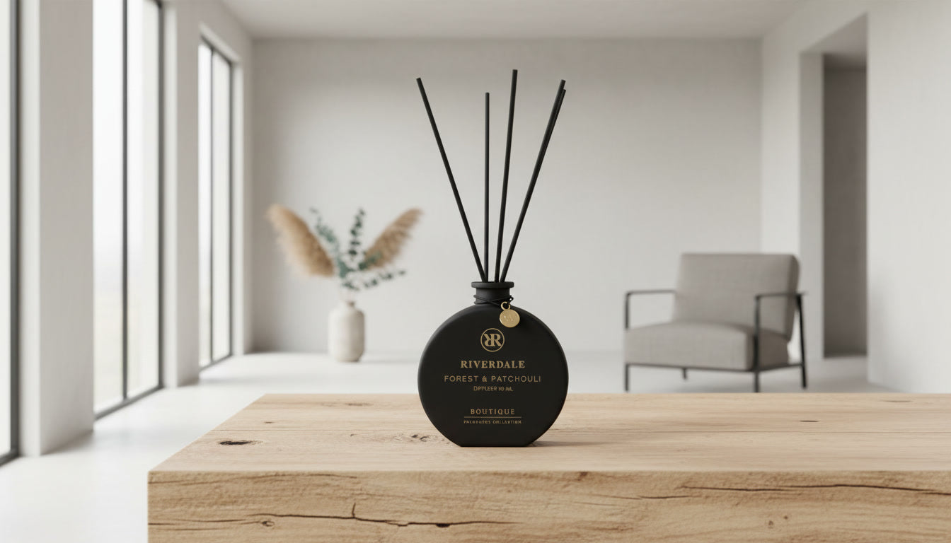 Forest and Patchouli luxury reed diffuser in black glass bottle with black fragrance sticks
