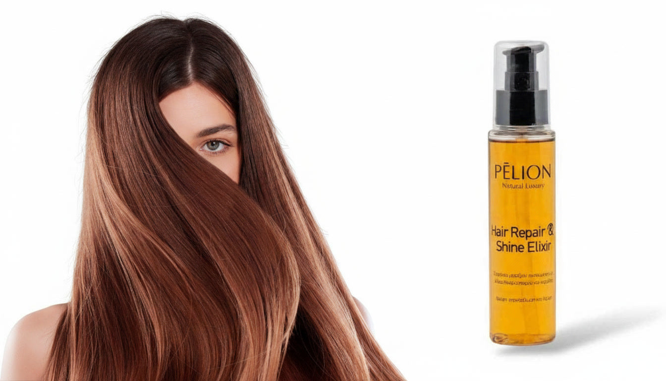 Hair Repair & Shine Elixir leave-in serum with flaxseed oil, coconut oil and silk esters for smooth, shiny hair