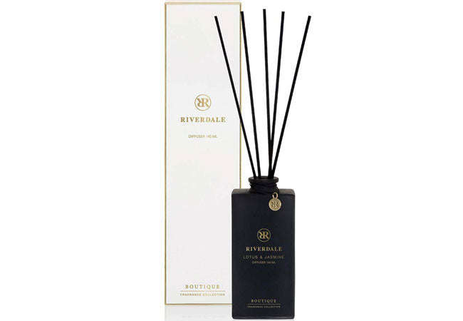Lotus & Jasmine premium reed diffuser with 140ml matte black glass bottle and gold details