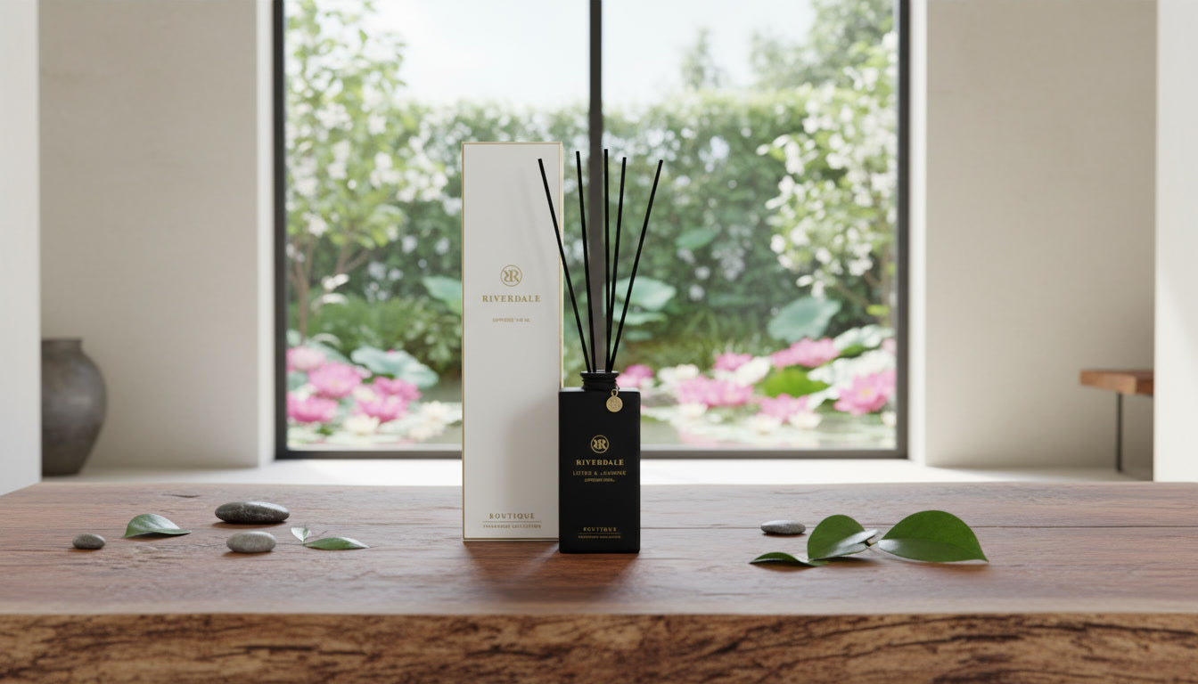 Lotus & Jasmine premium reed diffuser with 140ml matte black glass bottle and gold details