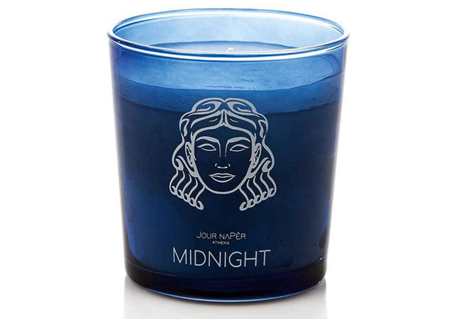 Midnight Luxury Scented Candle by The Greek Perfumer in blue 210g container