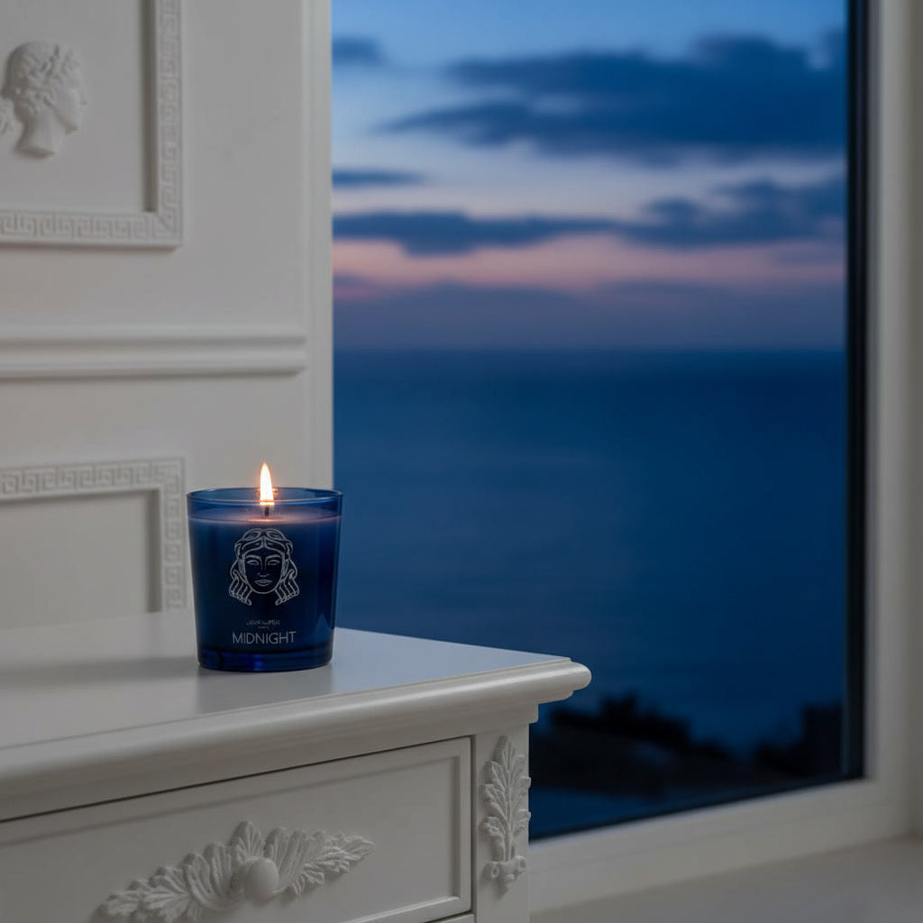 Midnight Luxury Scented Candle by The Greek Perfumer in blue 210g container