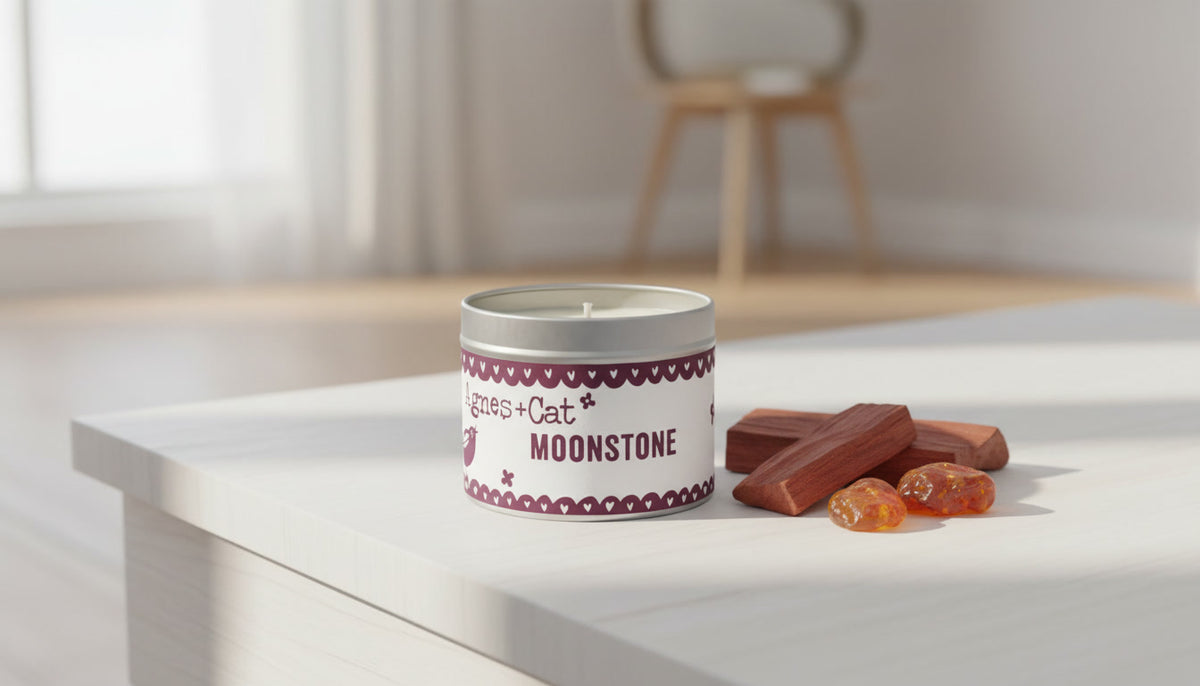 Moonstone natural soy candle with lemon, saffron, cedar, amber and coffee fragrance