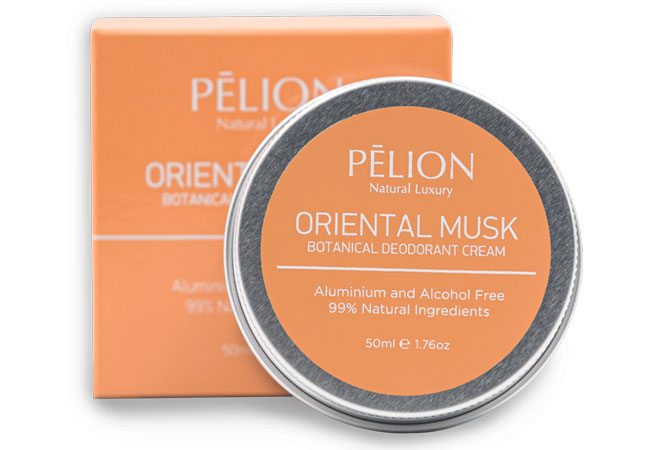 Oriental Musk natural deodorant balm with warm musk fragrance, shea butter and rice and corn starches