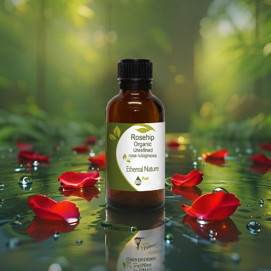 Natural organic rosehip oil unrefined in a glass bottle with a dropper