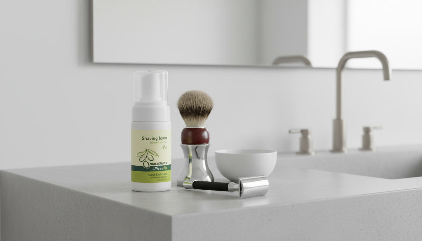 Olive oil and cotton shaving foam for men's grooming