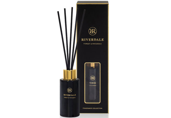 Forest and Patchouli luxury reed diffuser in black glass bottle with black fragrance sticks