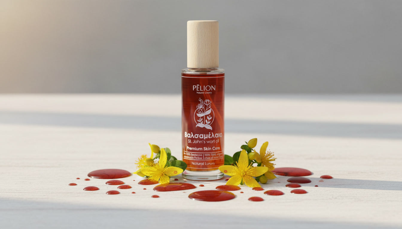 P for Pelion Organic St. John’s Wort Oil with hand-harvested Hypericum and olive oil