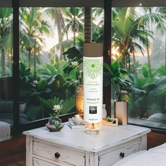 Stimulation Massage Oil με Λωτό & Καρύδα – Shiatsu | Ρομαντικό τελετουργικό Χαλάρωσης