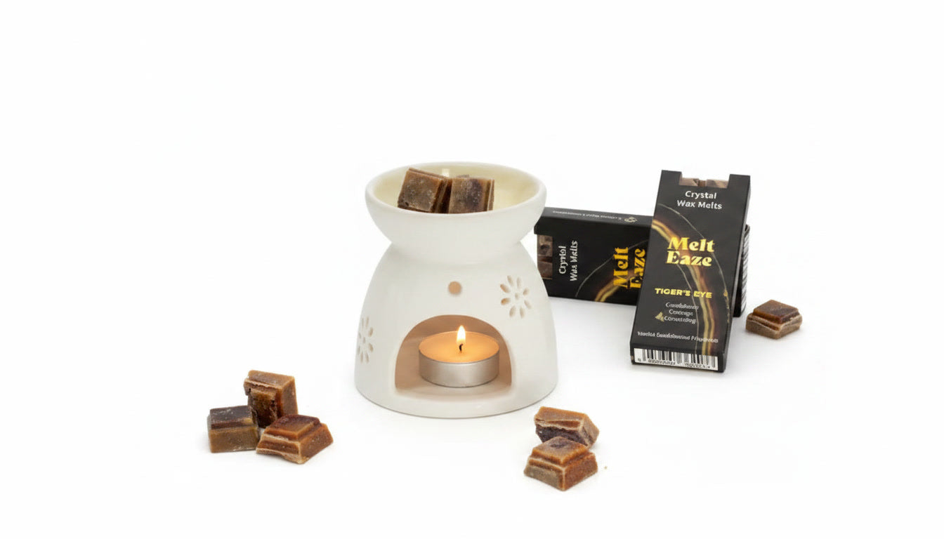 Luxury Vanilla and Sandalwood wax melt snap bar with genuine Tiger Eye crystal