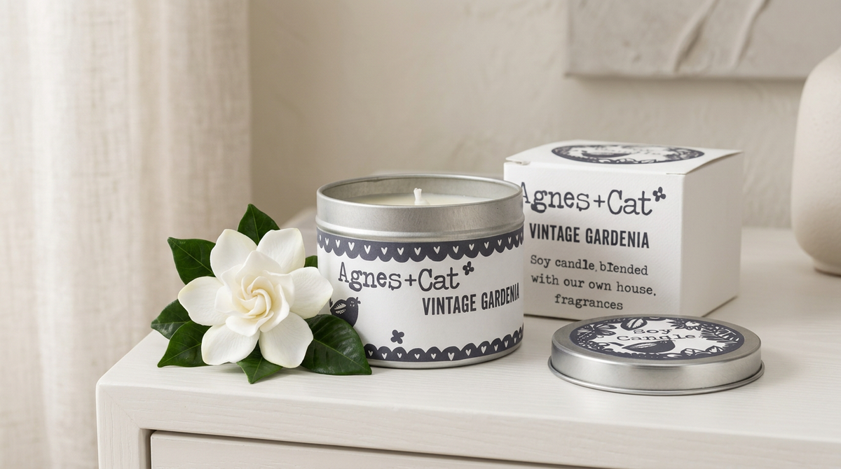 Vintage Gardenia soy wax candle with gardenia and floral fragrance