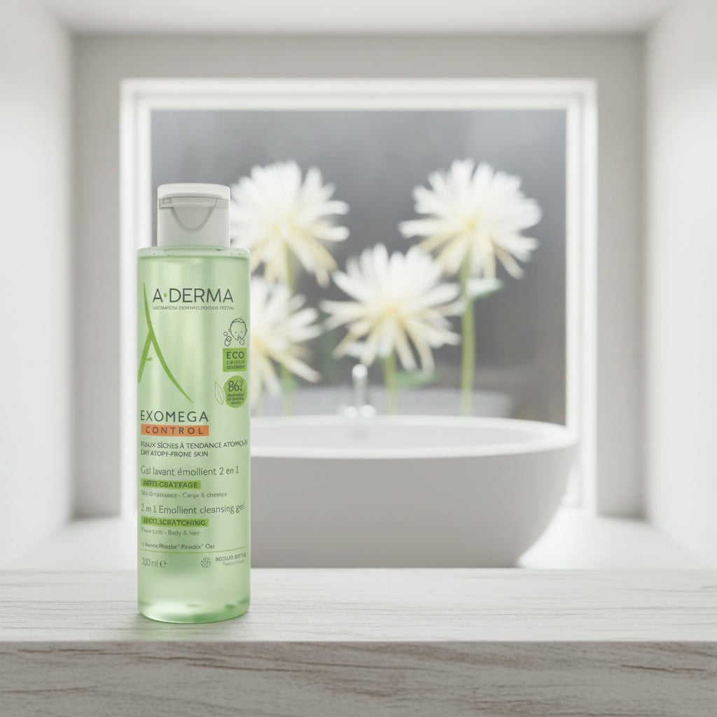 A-Derma Exomega Control Cleansing Gel for gentle face, body and hair cleansing for dry, atopy-prone skin.