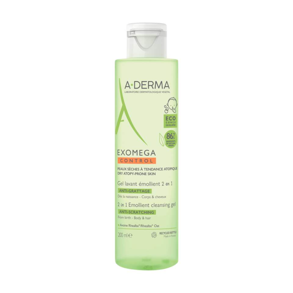 A-Derma Exomega Control Cleansing Gel for gentle face, body and hair cleansing for dry, atopy-prone skin.