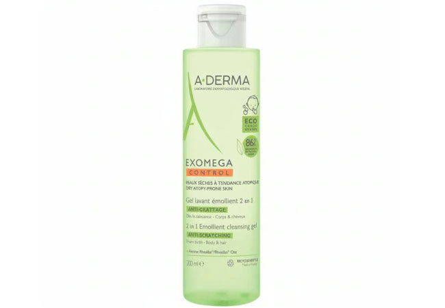 A-Derma Exomega Control Cleansing Gel for gentle face, body and hair cleansing for dry, atopy-prone skin.